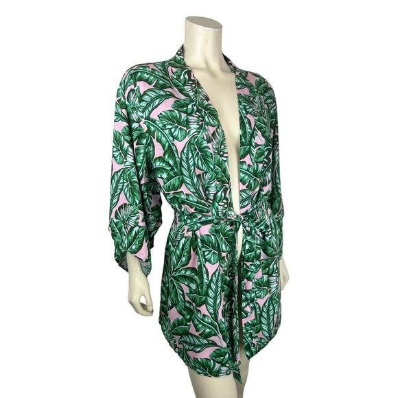 Kenny Flowers Beverly Hills Kimono Coverup Size S Leaf Print Green Pink Tie Swim - Picture 2 of 12